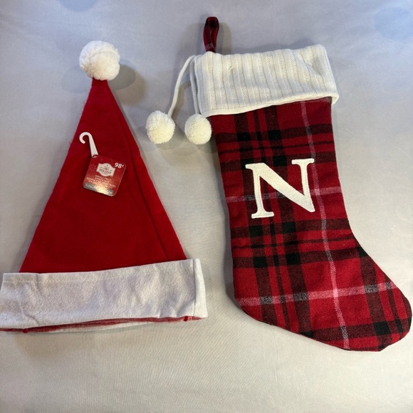 Plaid Red, Black & White Christmas Stocking with Complimentary Santa Hat, Adult - Picture 2 of 5